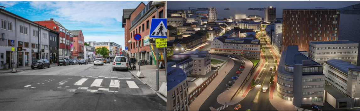 Bilde som viser to bilder: ett bilde av et fotgjengerfelt med biler, og ett delvis datamanipulert bilde som viser en by på nattestid